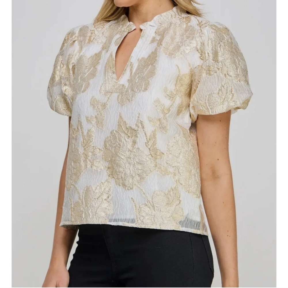 Ellison Noella Gold Foiled Puff Sleeve Top Sz M NWT - Picture 3 of 10